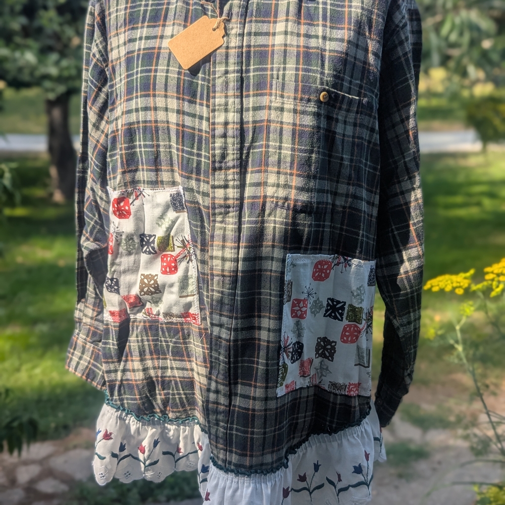 Plaid Button Down Shirt with Patchwork Details
